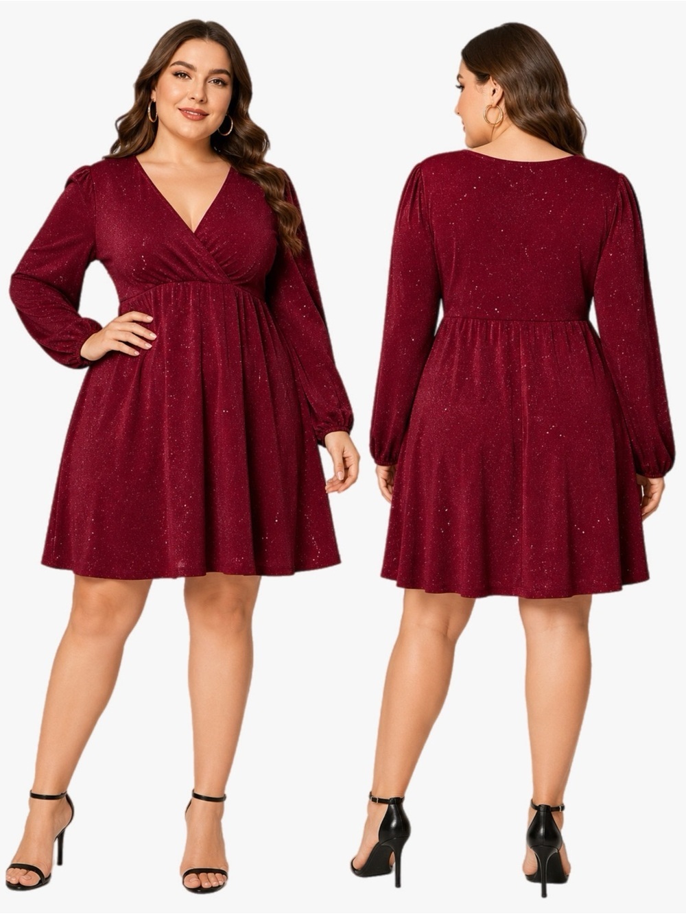 SHEIN Curve Plus Size 0X Holiday Shimmer Dress Burgundy Sparkle Long Sleeve
